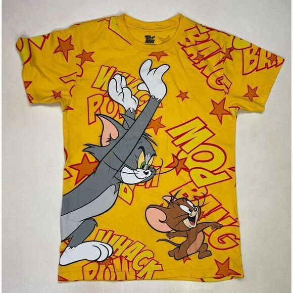 Tom And Jerry All Over Print Graphic T-shirt Men Small Yellow Short Sleeve - Picture 1 of 5